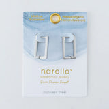 Silver earrings on a Narelle branded card with watercolor design