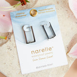 Pair of silver earrings on a Narelle jewelry card with floral background
