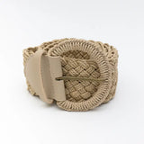 A beige raffia woven braided belt with a circular buckle.