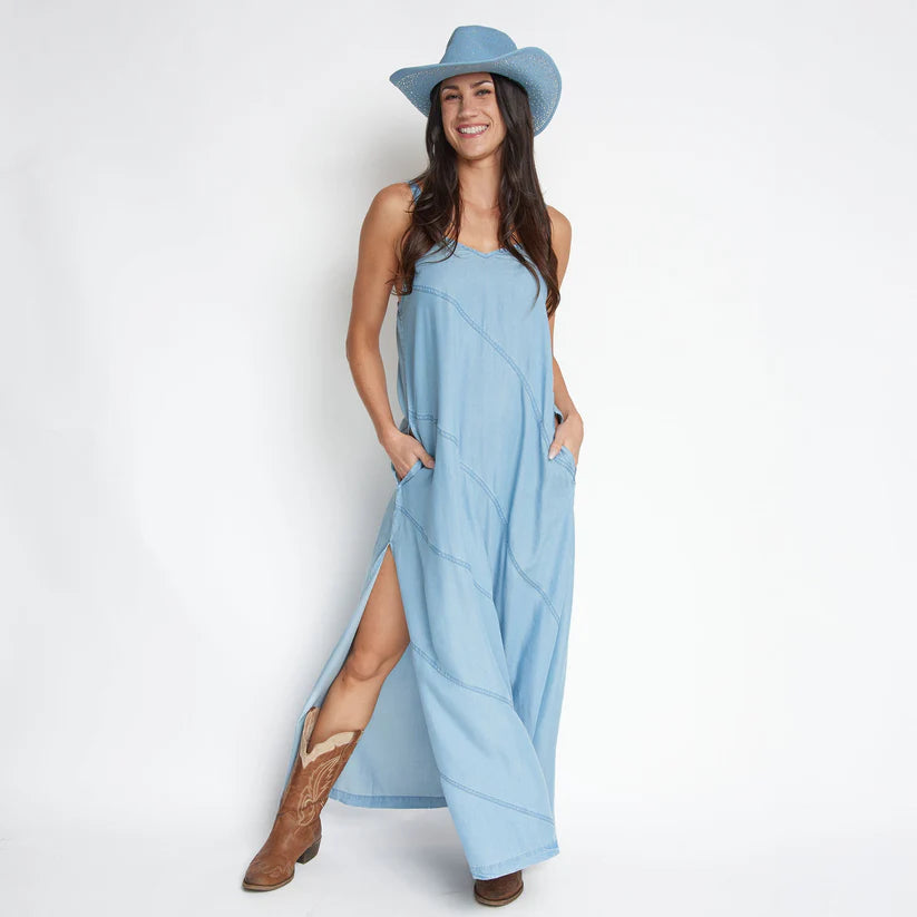chambray denim maxi dress Bailey Chambray Maxi Dress Denim Blue