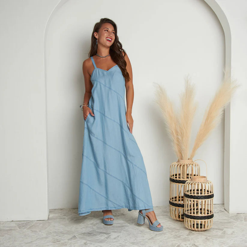 chinese dress ladies Bailey Chambray Maxi Dress Denim Blue Large