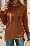Plaid Patchwork sweater with hood khaki and browns