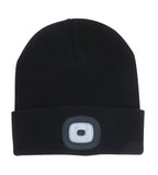 Black beanie with a built-in LED light on a white background