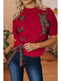 Cable Knit Christmas Red Sweater with plaid bows
