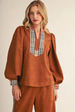 Suede (faux) camel brown top with plaid accents