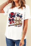 White t-shirt with baseball-themed graphic design featuring red, white, and blue elements.