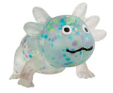 Colorful axolotl squish  toy with a spotted pattern on a white background