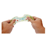 Colorful baby rattle held by two hands on a white background