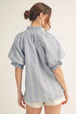 Short Sleeve Blue puff sleeve blouse