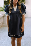 Leopard Notched Neck short puff sleeve dress Black