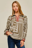 Green geometric print long sleeve blouse