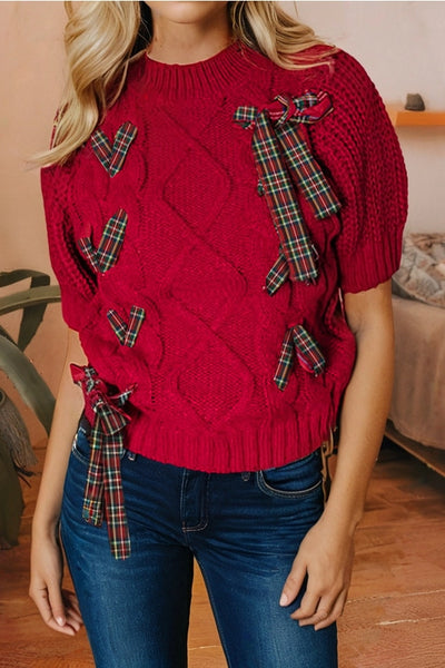 Cable Knit Christmas Red Sweater with plaid bows