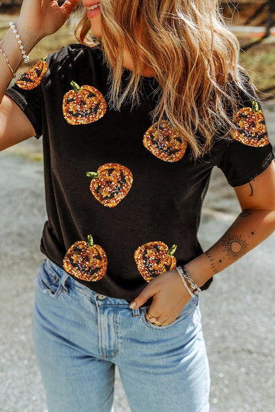 black t shirt with orange sequin pumpkins
