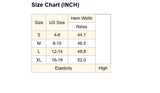 Size chart for hem width in inches with US size categories.