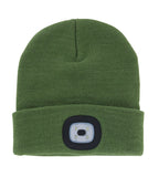 Green beanie with a LED light on a white background