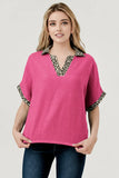 Dani short sleeve blouse Pink with leopard accents