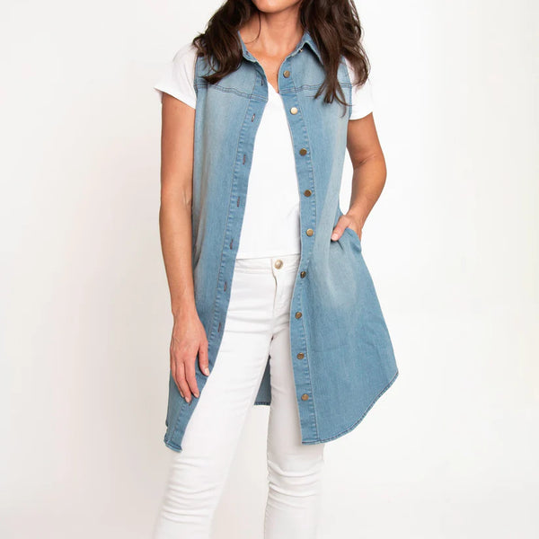 denim duster dress Long Denim Duster Jacket-Washedblue Tribal Fashion