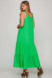 Sleeveless Green Dress with covered buttons