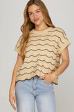 Short Sleeve Lt. Taupe scallop striped sweater top