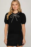 half sleeve black sweater beaded bow top
