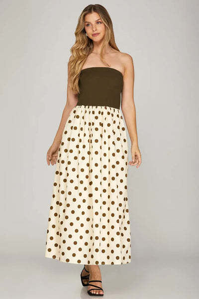 Strapless Brown Polka Dot Dress Large