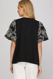 Black embroidered puff short sleeve blouse