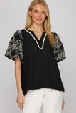 Black embroidered puff short sleeve blouse