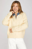 Long sleeve cream sweater with denim collar