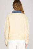 Long sleeve cream sweater with denim collar