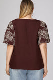 Short Sleeve embroidered sleeve wine shirt