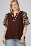 Short Sleeve embroidered sleeve wine shirt