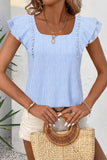 Sky Blue Stripe Square Neck Bow Decor Frilly Ruffled Short Sleeve Blouse: Sky Blue Stripe / 100%Polyester / S