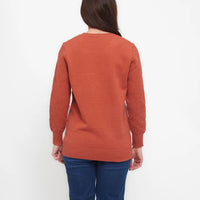Person wearing a rust-colored sweater on a white background