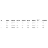 Product size chart with measurements on a white background