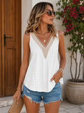 Eyelet Lace Tank Boho V Neck Blouse: White / 95%Polyester+5%Elastane / S