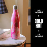 Pink and red marbled water bottle on a marble surface with text about temperature retention.