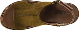 An olive green suede sandal with a brown leather strap and footbed, shown from a top-down perspective on a white background.