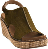 An olive green suede wedge sandal with a braided jute platform sole and a brown leather ankle strap, shown on a plain white background.