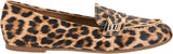 A single leopard print loafer flat shoe with a brown leather strap and a silver-tone metal buckle featuring the number 3.