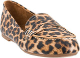 A single leopard print loafer shoe with a brown and black animal pattern, featuring a decorative strap across the vamp with a silver-tone metal accent.
