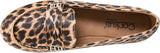 A single cork slip-on loafer shoe with a brown and black leopard print pattern, featuring a textured strap across the instep with small metallic studs.