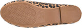 Top-down view of a flat shoe sole with a leopard print upper and a tan rubber outsole.