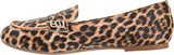 A single leopard-print loafer flat shoe with a small metallic buckle detail on the vamp, shown against a plain white background.