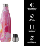 Marbled pink and orange water bottle with S'well logo and thermos features on a white background