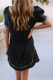 Leopard Notched Neck short puff sleeve dress Black