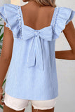 Sky Blue Stripe Square Neck Bow Decor Frilly Ruffled Short Sleeve Blouse: Sky Blue Stripe / 100%Polyester / S
