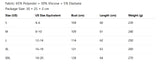 Fabric composition and size chart with measurements for clothing.