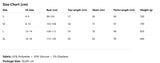 Size chart for clothing measurements in centimeters with fabric and package details.