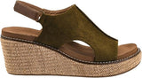 An olive green wedge sandal with a braided jute platform sole and a brown adjustable ankle strap, shown from a side profile view on a white background.