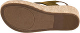 Close-up of the sole of a wedge espadrille sandal, showing a brown textured rubber outsole and a woven jute platform with an olive green strap.